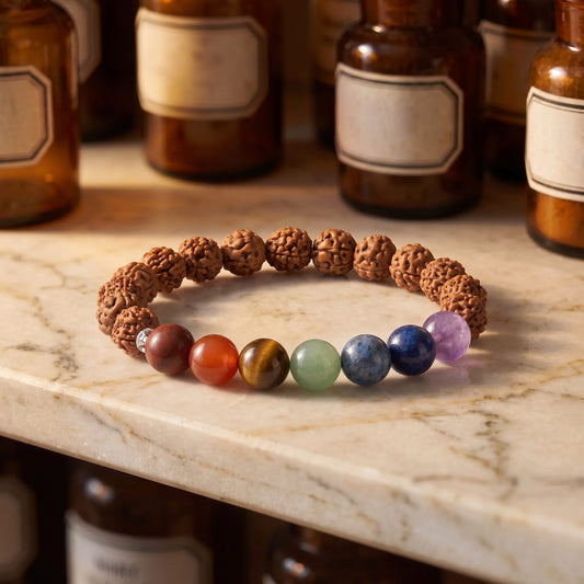 Chakra Rudraksha Armband von Berk auf einer Marmortheke vor braunen Glasflaschen: Rudraksha-Samen und sieben farbige Chakra-Steine