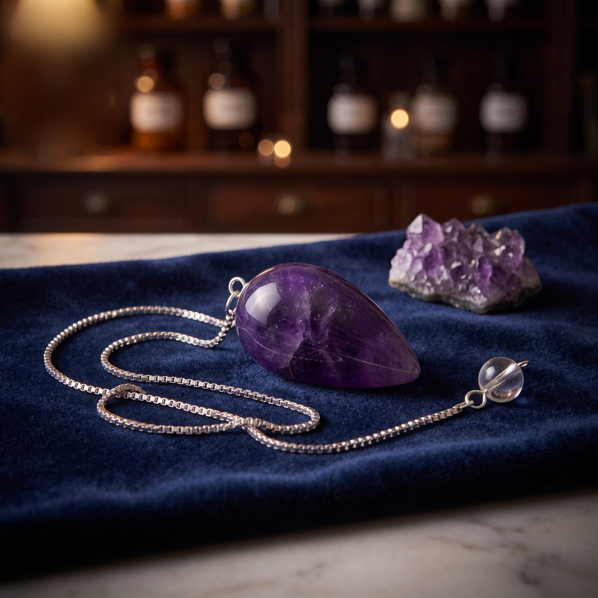 Amethyst-Pendel mit Edelstahl-Panzerkette, Tropfen ca. 2,5 cm: liegt mit locker gelegter Kette auf dunkelblauem Samt, daneben ein Stück Rohamethyst, abends auf der Theke einer alten Apotheke – Spirit of Gaia