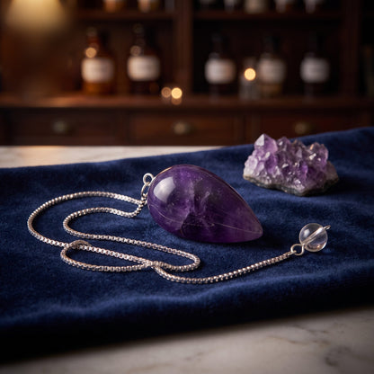 Amethyst-Pendel mit Edelstahl-Panzerkette, Tropfen ca. 2,5 cm: liegt mit locker gelegter Kette auf dunkelblauem Samt, daneben ein Stück Rohamethyst, abends auf der Theke einer alten Apotheke – Spirit of Gaia