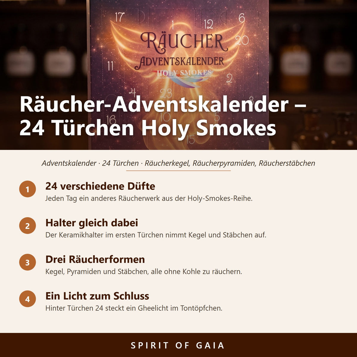 Übersicht zum Räucher-Adventskalender: 24 Düfte, Keramikhalter im ersten Türchen, drei Räucherformen, Gheelicht hinter Türchen 24