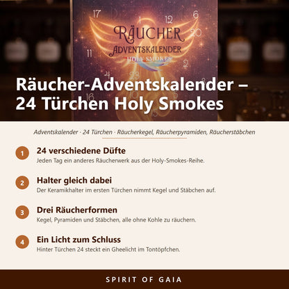 Übersicht zum Räucher-Adventskalender: 24 Düfte, Keramikhalter im ersten Türchen, drei Räucherformen, Gheelicht hinter Türchen 24