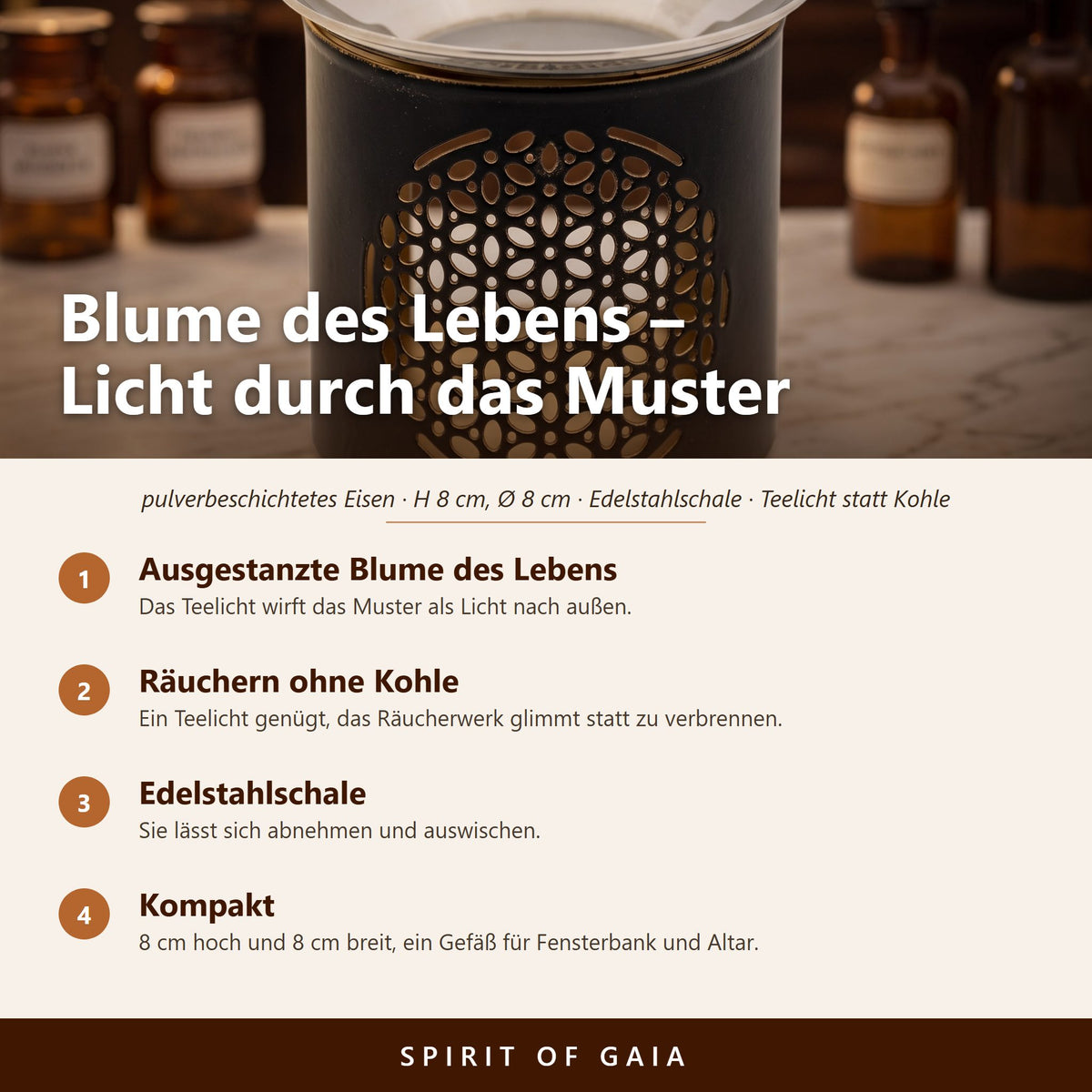 Übersicht zu Räuchergefäß Blume des Lebens: Ausgestanzte Blume des Lebens, Räuchern ohne Kohle, Edelstahlschale, Kompakt