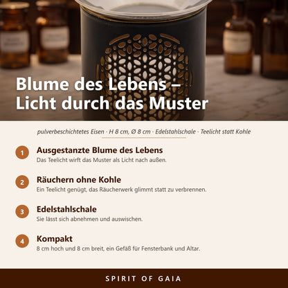 Übersicht zu Räuchergefäß Blume des Lebens: Ausgestanzte Blume des Lebens, Räuchern ohne Kohle, Edelstahlschale, Kompakt