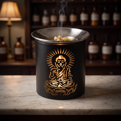 Im Räuchergefäß Buddha brennt ein Teelicht, sein Licht scheint durch die Figur, in der Schale schmilzt Harz und ein Rauchfaden steigt auf