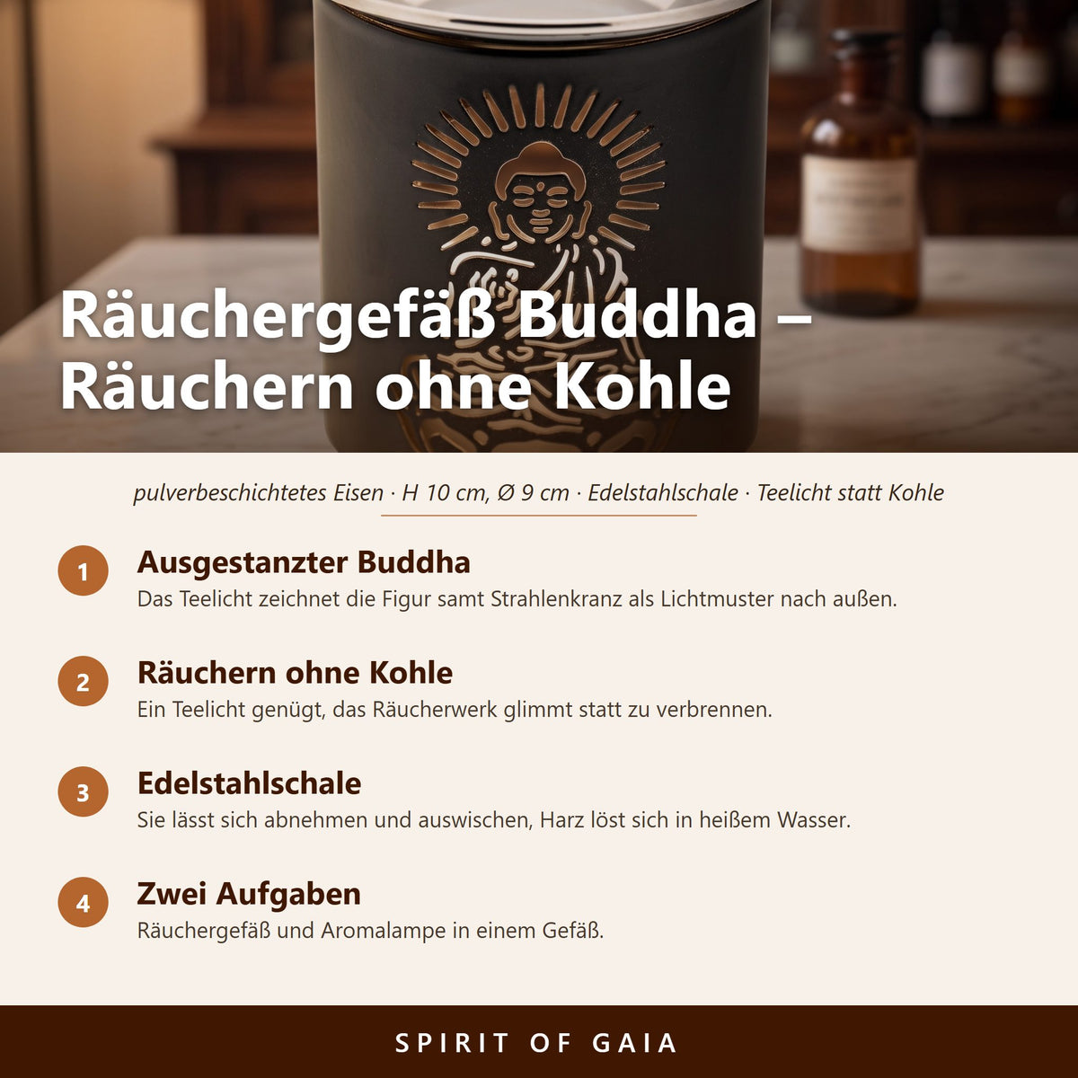 Übersicht zu Räuchergefäß Buddha: Ausgestanzter Buddha, Räuchern ohne Kohle, Edelstahlschale, Zwei Aufgaben