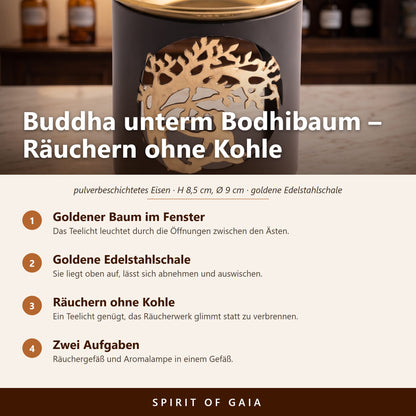 Übersicht zu Räuchergefäß Buddha unterm Bodhibaum: Goldener Baum im Fenster, Goldene Edelstahlschale, Räuchern ohne Kohle, Zwei Aufgaben
