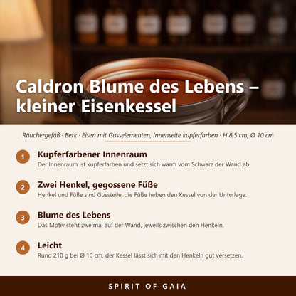 Übersicht zu Räuchergefäß Caldron Blume des Lebens: Kupferfarbener Innenraum, Zwei Henkel, gegossene Füße, Blume des Lebens, Leicht