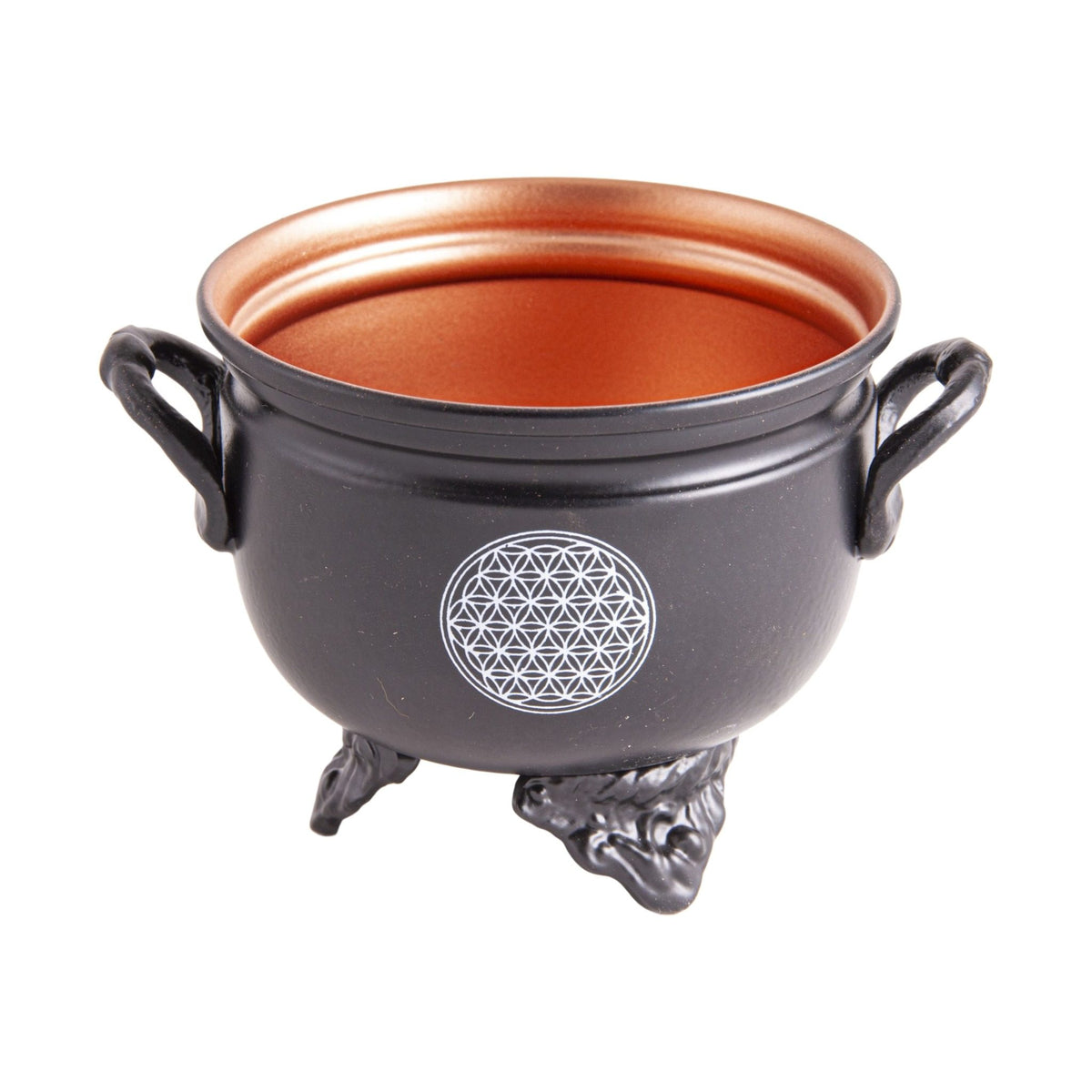 Räuchergefäß Caldron Blume des Lebens, Eisenkessel mit kupferfarbenem Innenraum, freigestellt auf weißem Grund