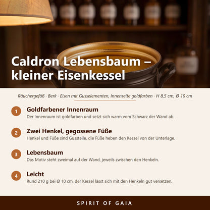 Übersicht zu Räuchergefäß Caldron Lebensbaum: Goldfarbener Innenraum, Zwei Henkel, gegossene Füße, Lebensbaum, Leicht