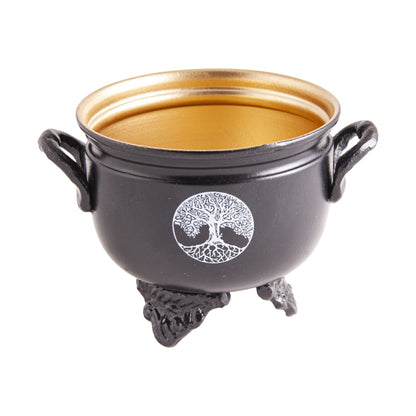 Räuchergefäß Caldron Lebensbaum, Eisenkessel mit goldfarbenem Innenraum, freigestellt auf weißem Grund