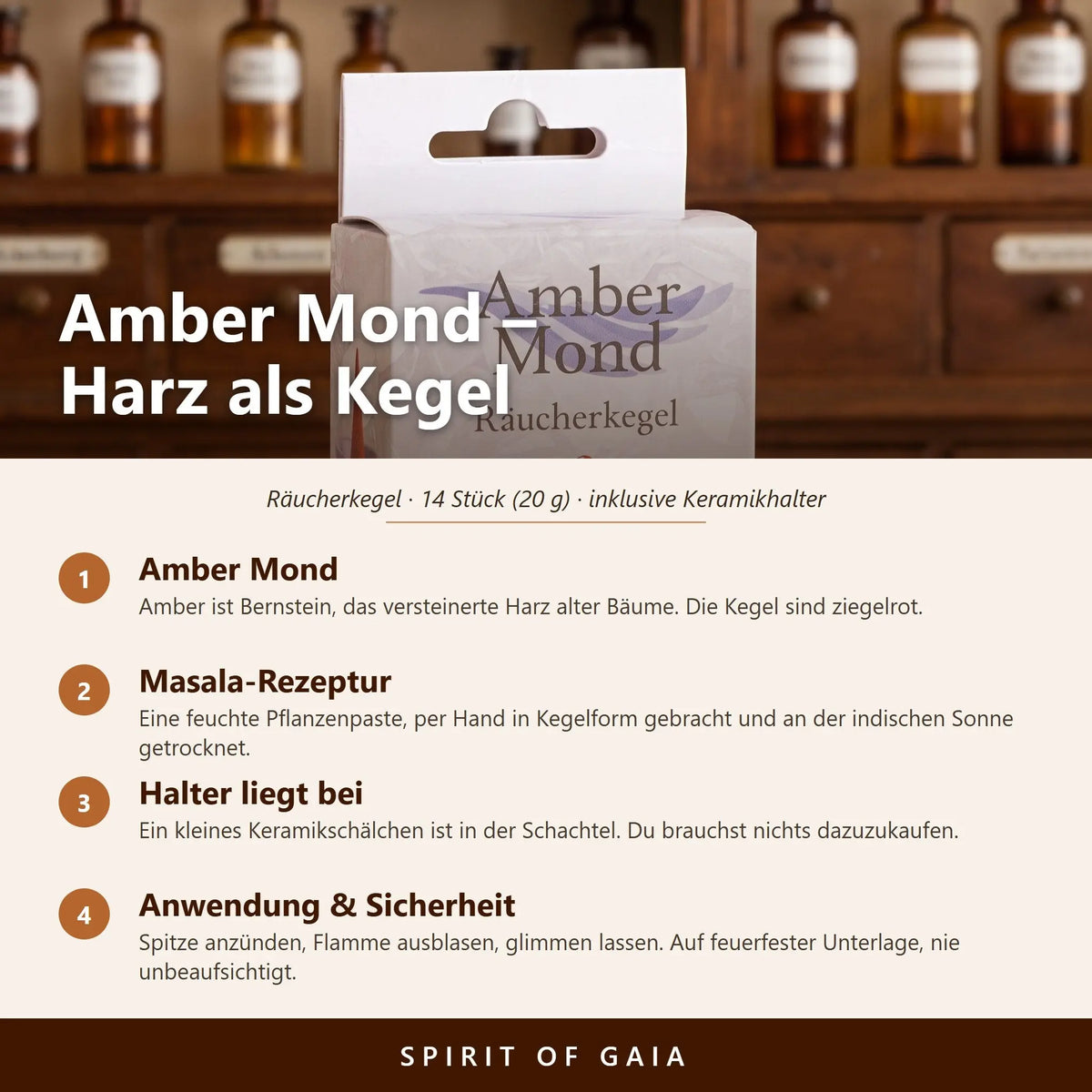 Infografik zu den Amber Mond Räucherkegeln von Berk: Sorte, Masala-Rezeptur, beiliegender Halter, Anwendung und Sicherheit
