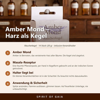 Infografik zu den Amber Mond Räucherkegeln von Berk: Sorte, Masala-Rezeptur, beiliegender Halter, Anwendung und Sicherheit