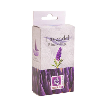 Lavendelblüten Räucherkegel von Berk, Packung freigestellt auf weißem Grund