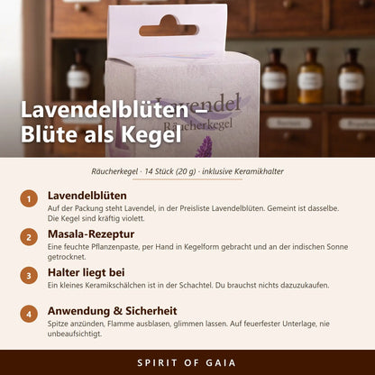 Infografik zu den Lavendelblüten Räucherkegeln von Berk: Sorte, Masala-Rezeptur, beiliegender Halter, Anwendung und Sicherheit