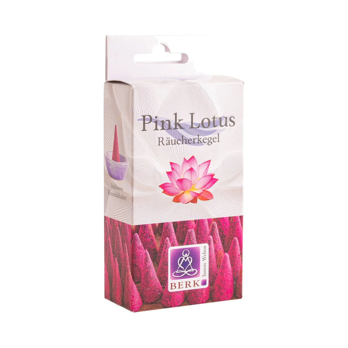 Pink Lotus Räucherkegel von Berk, Packung freigestellt auf weißem Grund