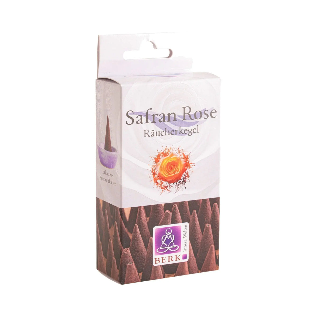 Safran Rose Räucherkegel von Berk, Packung freigestellt auf weißem Grund