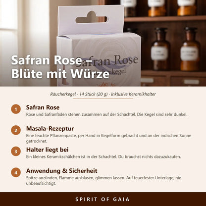 Infografik zu den Safran Rose Räucherkegeln von Berk: Sorte, Masala-Rezeptur, beiliegender Halter, Anwendung und Sicherheit