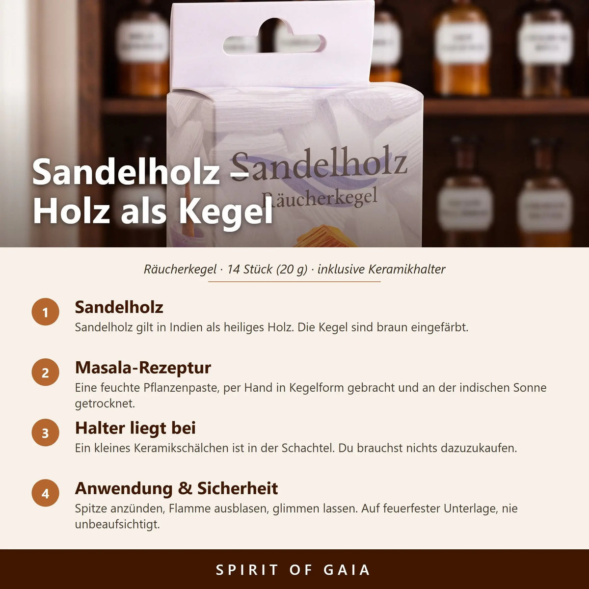 Infografik zu den Sandelholz Räucherkegeln von Berk: Sorte, Masala-Rezeptur, beiliegender Halter, Anwendung und Sicherheit
