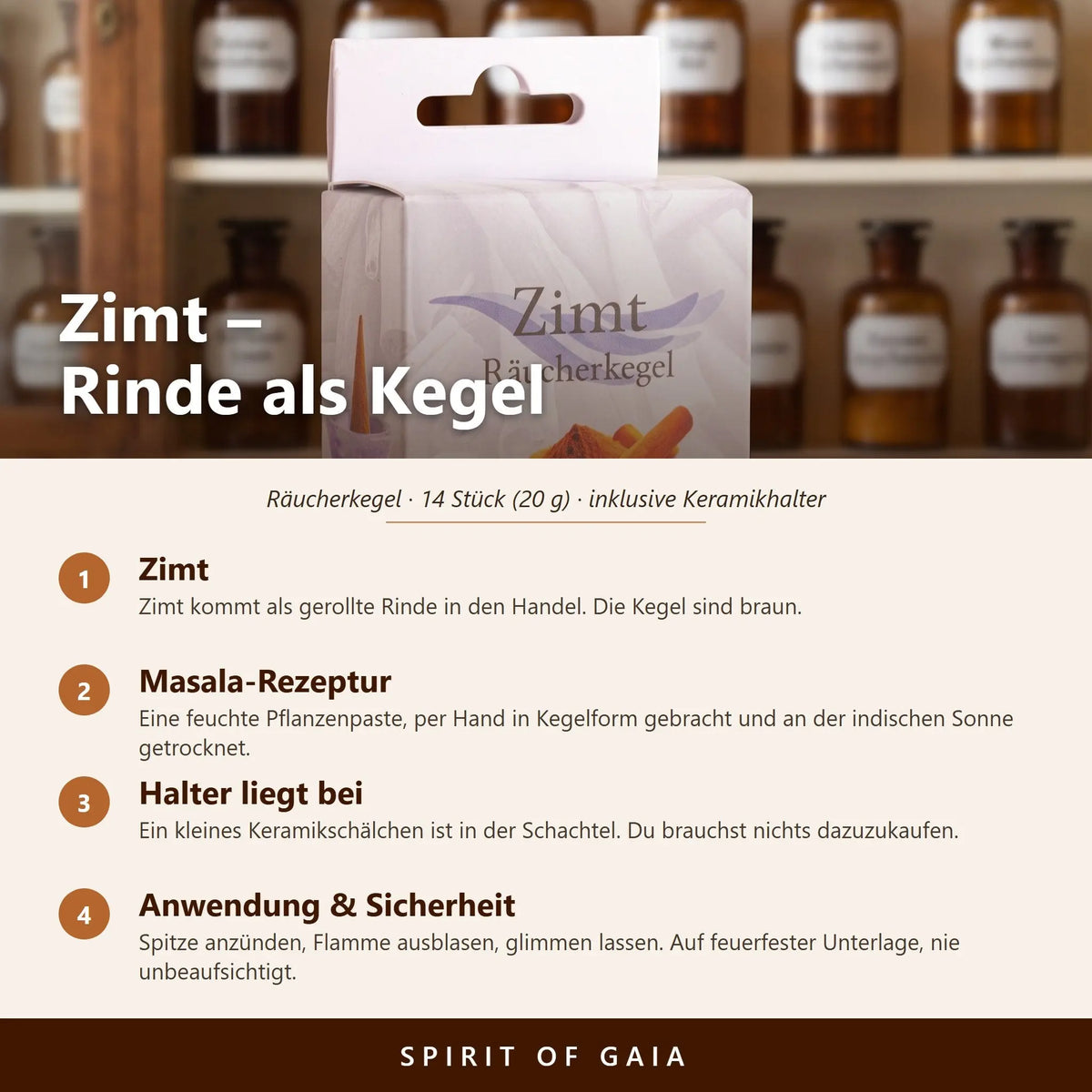 Infografik zu den Zimt Räucherkegeln von Berk: Sorte, Masala-Rezeptur, beiliegender Halter, Anwendung und Sicherheit