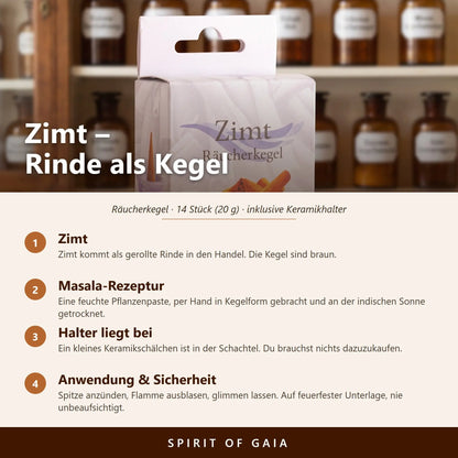 Infografik zu den Zimt Räucherkegeln von Berk: Sorte, Masala-Rezeptur, beiliegender Halter, Anwendung und Sicherheit