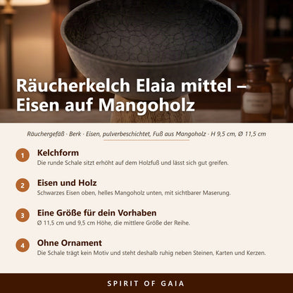 Übersicht zu Räucherkelch Elaia mittel: Kelchform, Eisen und Holz, Eine Größe für dein Vorhaben, Ohne Ornament