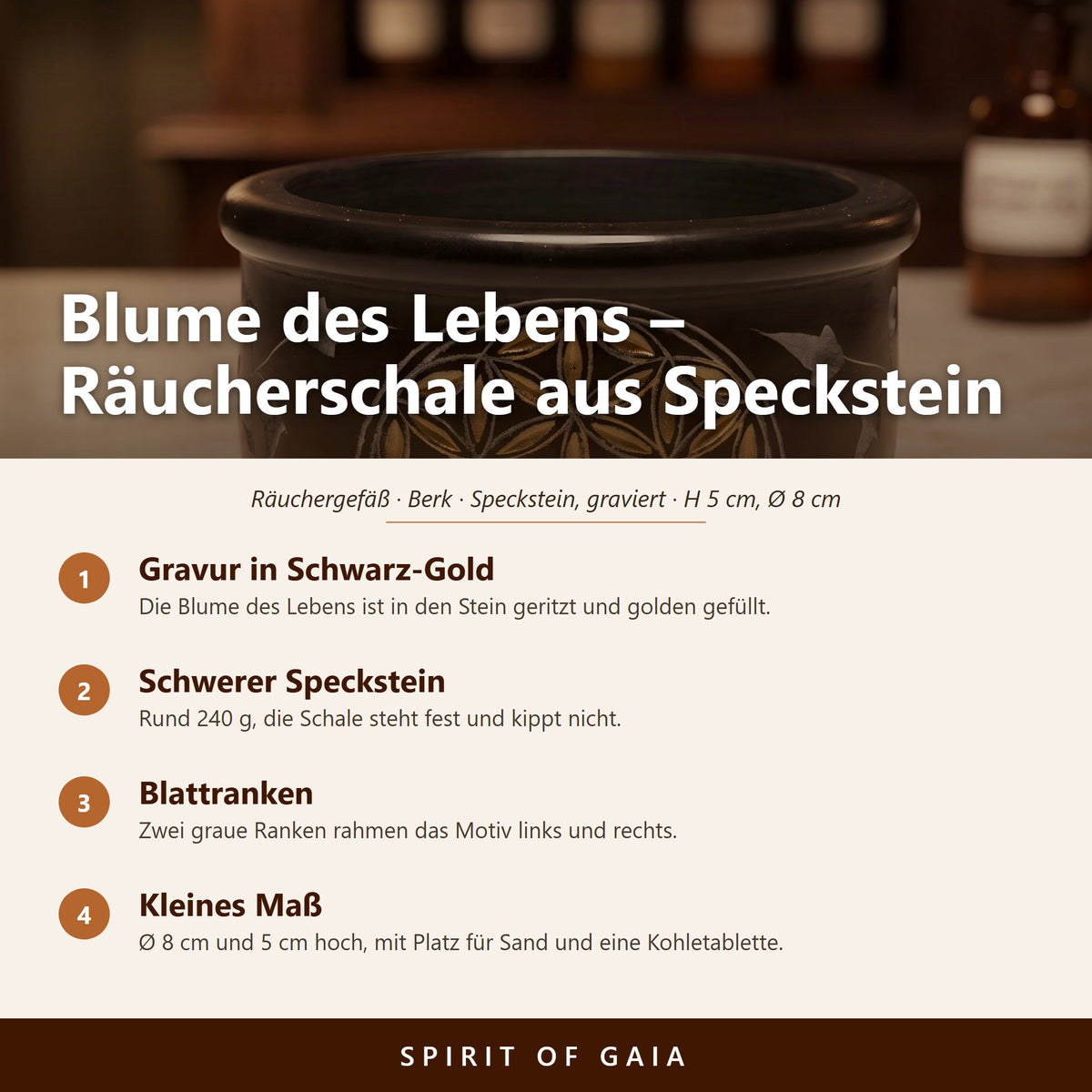 Übersicht zu Räucherschale Blume des Lebens: Gravur in Schwarz-Gold, Schwerer Speckstein, Blattranken, Kleines Maß