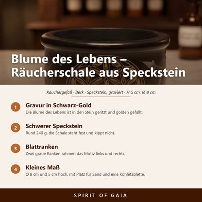 Übersicht zu Räucherschale Blume des Lebens: Gravur in Schwarz-Gold, Schwerer Speckstein, Blattranken, Kleines Maß