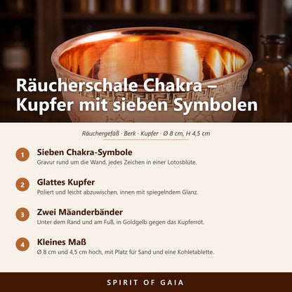 Übersicht zu Räucherschale Chakra: Sieben Chakra-Symbole, Glattes Kupfer, Zwei Mäanderbänder, Kleines Maß