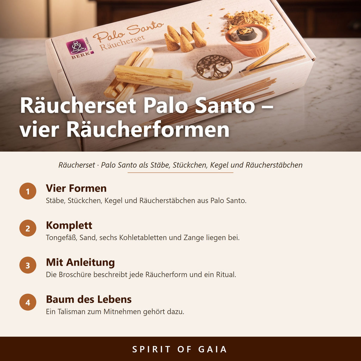 Übersicht zu Räucherset Palo Santo: Vier Formen, Komplett, Mit Anleitung, Baum des Lebens