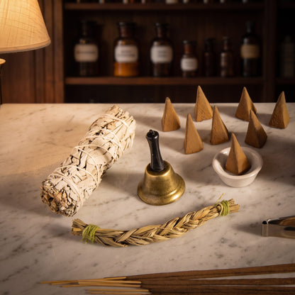 Smudge Stick, Sweetgras-Zopf, Glocke und Kegel aus dem Set