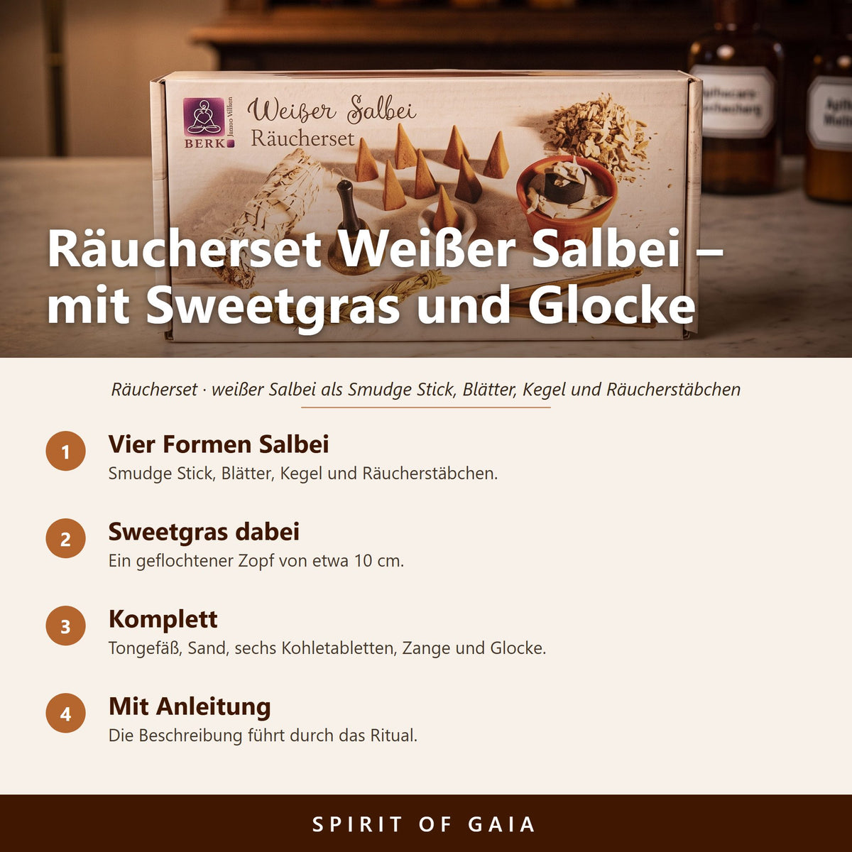 Übersicht zu Räucherset Weißer Salbei: Vier Formen Salbei, Sweetgras dabei, Komplett, Mit Anleitung