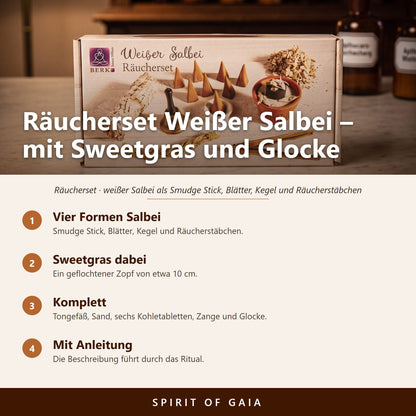 Übersicht zu Räucherset Weißer Salbei: Vier Formen Salbei, Sweetgras dabei, Komplett, Mit Anleitung