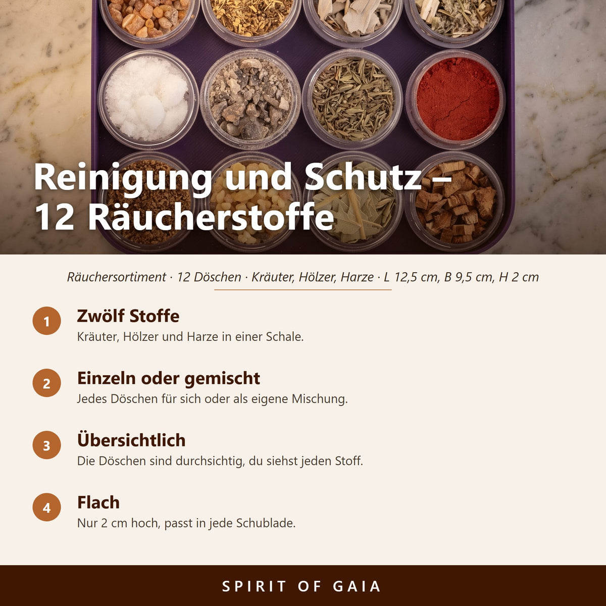 Übersicht zu Räuchersortiment Reinigung und Schutz: Zwölf Stoffe, Einzeln oder gemischt, Übersichtlich, Flach