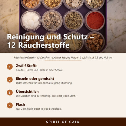 Übersicht zu Räuchersortiment Reinigung und Schutz: Zwölf Stoffe, Einzeln oder gemischt, Übersichtlich, Flach