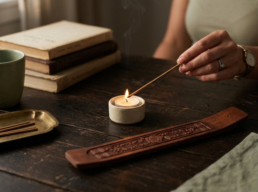 Eine Hand hält ein Räucherstäbchen schräg in eine Kerzenflamme, die Spitze beginnt zu glimmen, daneben ein Holzhalter