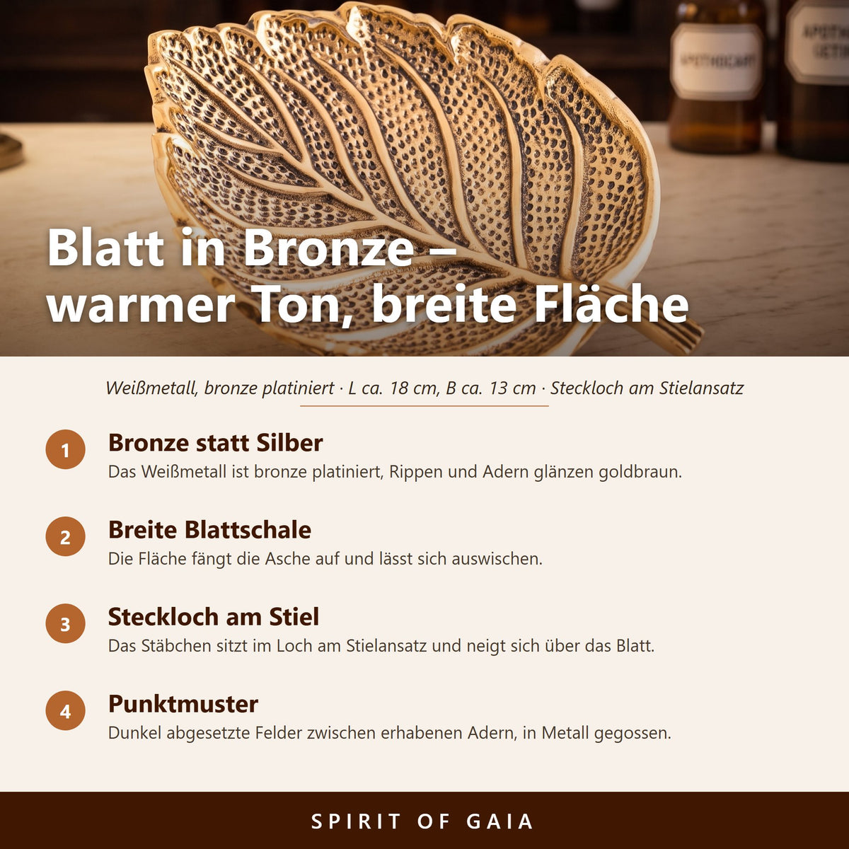 Übersicht zu Räucherstäbchenhalter Blatt Bronze: Bronze statt Silber, Breite Blattschale, Steckloch am Stiel, Punktmuster