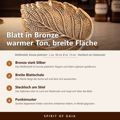 Übersicht zu Räucherstäbchenhalter Blatt Bronze: Bronze statt Silber, Breite Blattschale, Steckloch am Stiel, Punktmuster