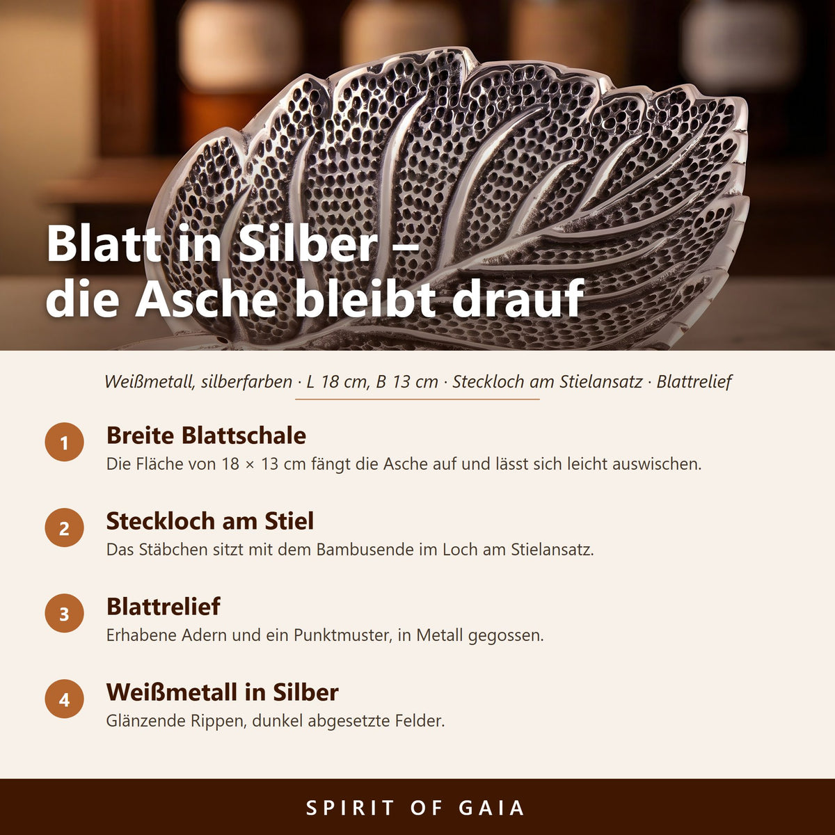 Übersicht zu Räucherstäbchenhalter Blatt silber: Breite Blattschale, Steckloch am Stiel, Blattrelief, Weißmetall in Silber