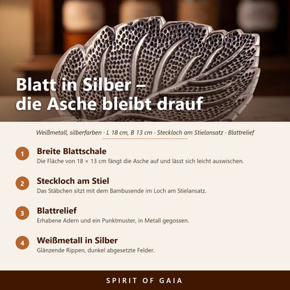 Übersicht zu Räucherstäbchenhalter Blatt silber: Breite Blattschale, Steckloch am Stiel, Blattrelief, Weißmetall in Silber