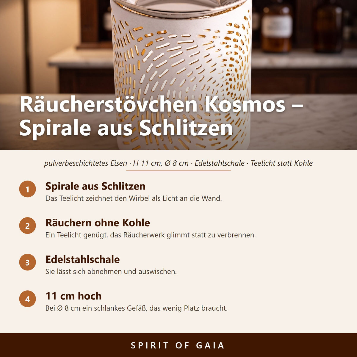 Übersicht zu Räucherstövchen Kosmos: Spirale aus Schlitzen, Räuchern ohne Kohle, Edelstahlschale, 11 cm hoch