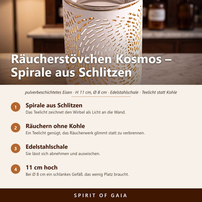 Übersicht zu Räucherstövchen Kosmos: Spirale aus Schlitzen, Räuchern ohne Kohle, Edelstahlschale, 11 cm hoch
