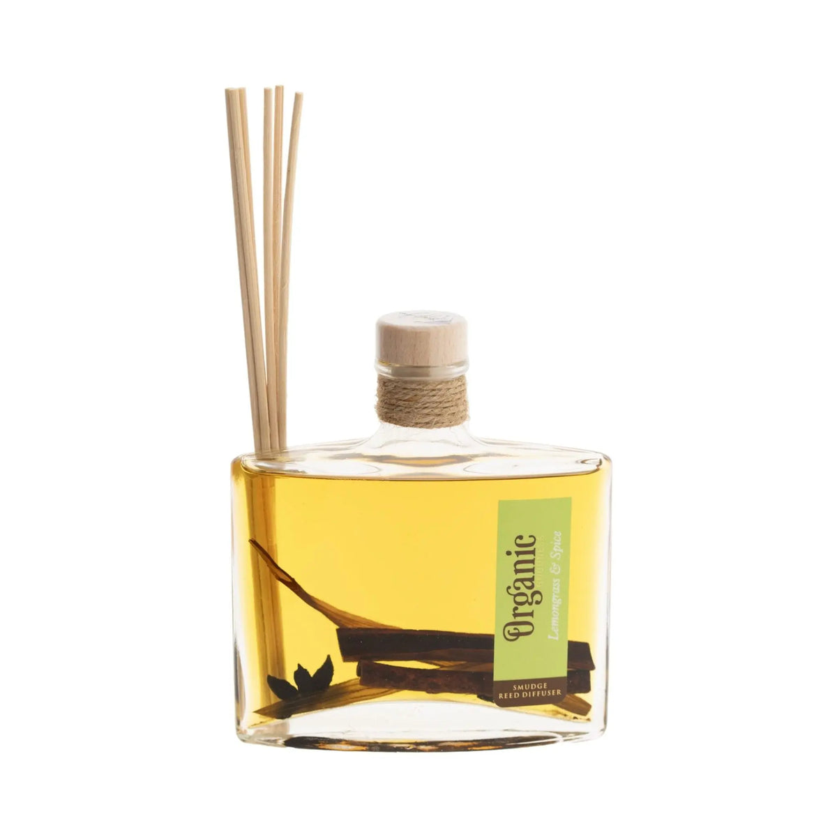 Reed Diffuser Zitronengras und Gewürze, 150 ml, Flasche mit Schilfrohrstäbchen freigestellt auf weißem Grund