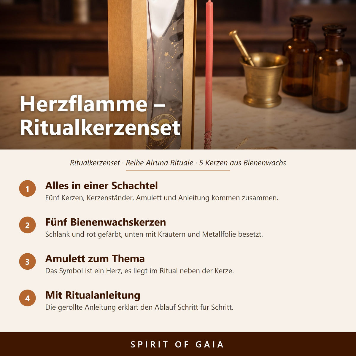 Übersicht zum Ritualkerzenset Herzflamme: alles in einer Schachtel, fünf Bienenwachskerzen, Amulett und Ritualanleitung
