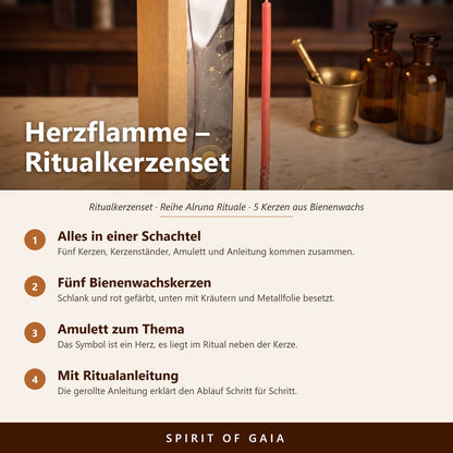 Übersicht zum Ritualkerzenset Herzflamme: alles in einer Schachtel, fünf Bienenwachskerzen, Amulett und Ritualanleitung