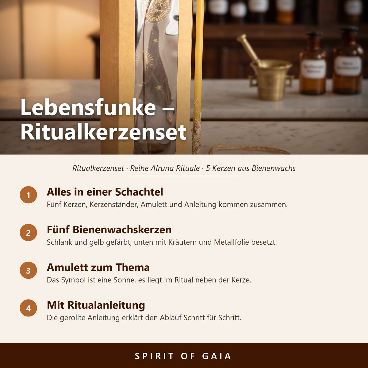 Übersicht zum Ritualkerzenset Lebensfunke: alles in einer Schachtel, fünf Bienenwachskerzen, Amulett und Ritualanleitung