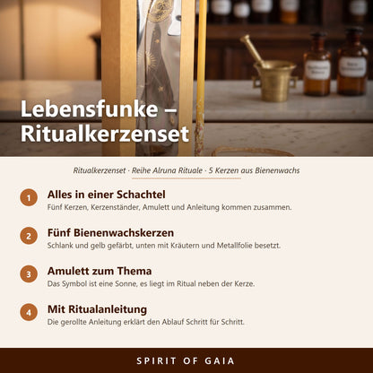 Übersicht zum Ritualkerzenset Lebensfunke: alles in einer Schachtel, fünf Bienenwachskerzen, Amulett und Ritualanleitung