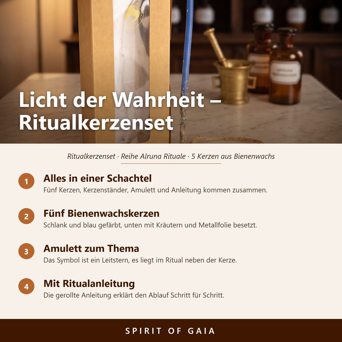 Übersicht zum Ritualkerzenset Licht der Wahrheit: alles in einer Schachtel, fünf Bienenwachskerzen, Amulett und Ritualanleitung