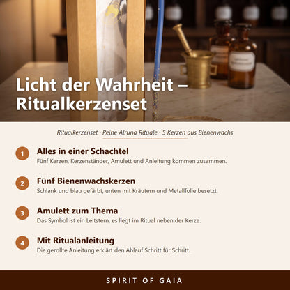 Übersicht zum Ritualkerzenset Licht der Wahrheit: alles in einer Schachtel, fünf Bienenwachskerzen, Amulett und Ritualanleitung