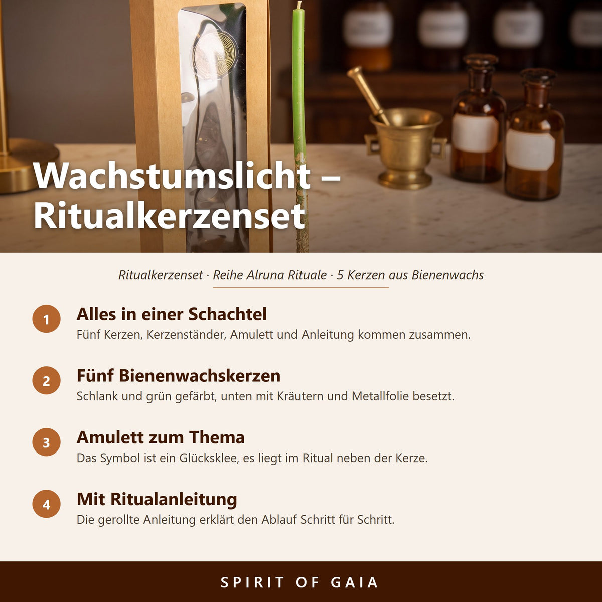 Übersicht zum Ritualkerzenset Wachstumslicht: alles in einer Schachtel, fünf Bienenwachskerzen, Amulett und Ritualanleitung