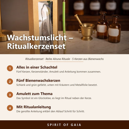 Übersicht zum Ritualkerzenset Wachstumslicht: alles in einer Schachtel, fünf Bienenwachskerzen, Amulett und Ritualanleitung